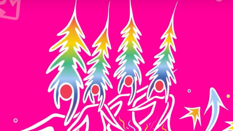 An artistic drawing of four narrow, multicoloured evergreens that flow into fluid line drawings of humans. Partially obscured.
