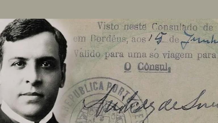 A black and white image of a man, Aristides de Sousa Mendes, superimposed over an old passport. Partially obscured.