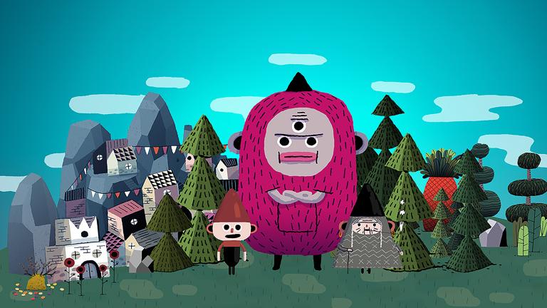 Cartoon drawing of a three-eyed pink monster and two human figures in front of a landscape of trees, buildings and mountains. Partially obscured.