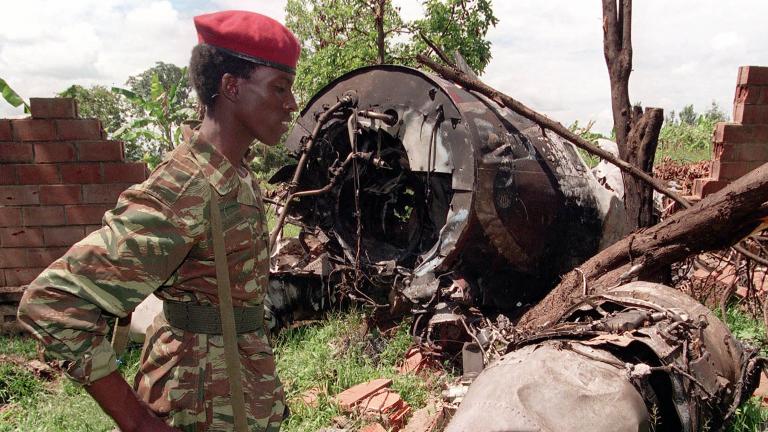 A soldier carrying a rifle and wearing a red beret and camouflage uniform stands in front of the wreckage of a plane among trees.