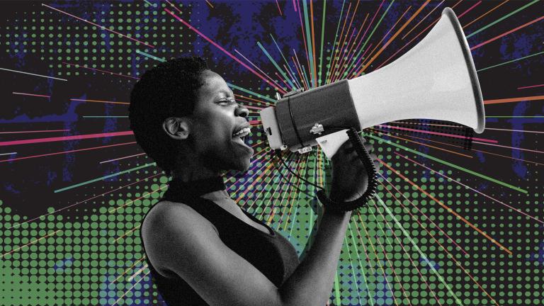 A black woman holding a megaphone enthusiastically. The background has a colourful star and blue and green mountaineous shapes. Partially obscured.