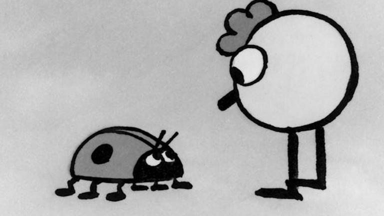 A black and white image of two cartoon figures looking at each other. One is a ladybug and the other is a circular figure with legs, large eyes and a tuft of hair atop its head.
