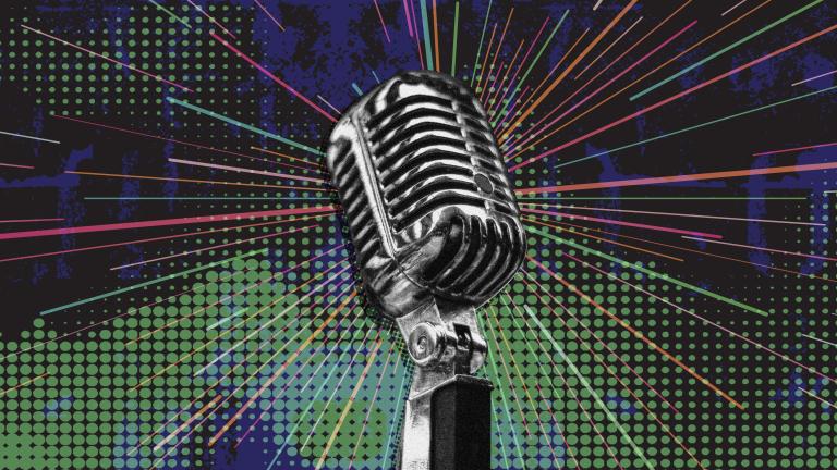 A mic is at the center of a multi-coloured star. The background has a colourful star and blue and green mountaineous shapes. Partially obscured.