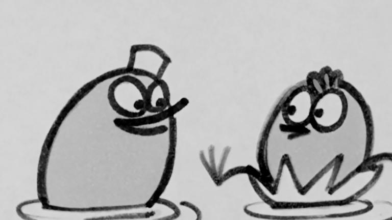 A black and white image of two egg-shaped cartoon figures looking at one another while sitting in shallow water. One figure wears a square hat, and the other sits draping his legs over the edge of a floating piece of a broken eggshell.