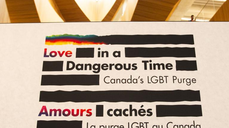 Text from a display about Canada's LGBT Purge, featuring the title “Love in a Dangerous Time” and “Amours cachés,” with sections discussing discrimination and historical context, illustrated with rainbow colours.