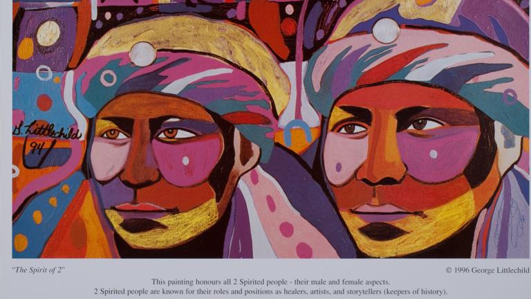 A poster featuring large artwork depicting two faces in dramatic colours and patterns, with background imagery including hands, standing figures and geometric shapes. A large title at the top reads “The 10th Annual International Two Spirit Gathering” and text at the bottom reads “August 27-31, 1997. Onamia, Minnesota.” Partially obscured.