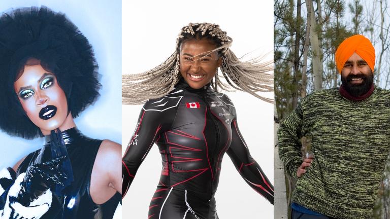 Photo on the left – A biracial man dressed in drag. He is wearing a black headpiece, black leather gloves, a black leather dress and and black and white sweater. Photo in the centre – a Black woman wearing black and red Athletic gear, jumping. She has blonde braids. Photo on the right – a Sikh-Canadian man, smiling, wearing a black and white striped sweater, blue and brown pants, boots, and an orange turban, in the snow in front of a cabin. Partially obscured.