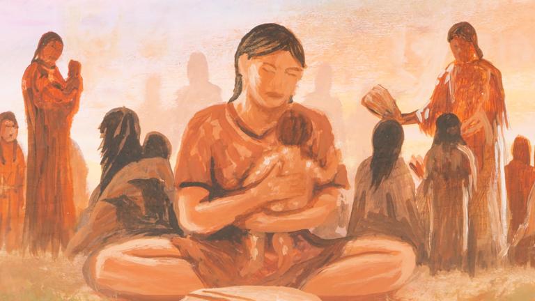 Painting representing Indigenous culture. In the centre of the frame a person sits cross-legged on the ground with a small child in their arms. A drum sits on the ground in front of them. Partially obscured.
