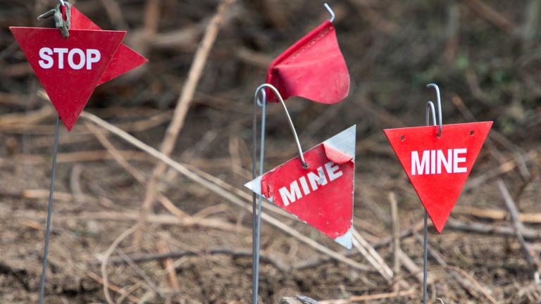 Small red triangular flags on metal rods are planted in the ground. On some of the flags are the words “Stop” and “Mine.”