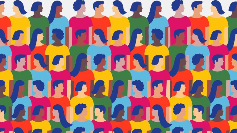 Graphic illustration of rows of people in colourful t-shirts looking at one another. Partially obscured.