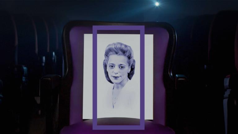 A head-and-shoulder portrait of Viola Desmond framed by a vertical purple rectangle. Viola is wearing a white top. Partially obscured.