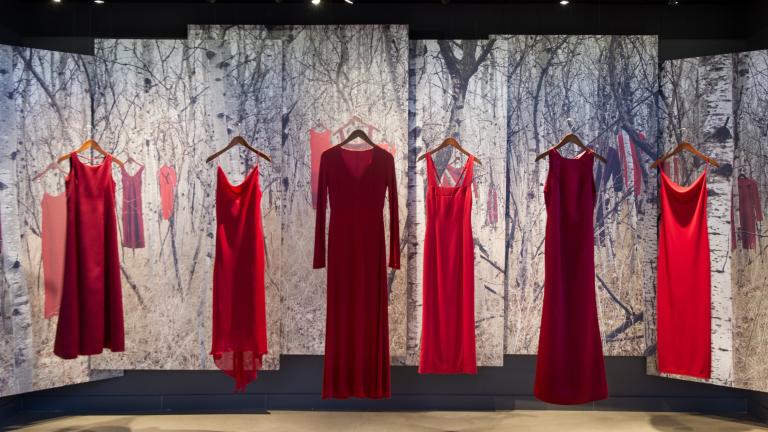  Six red dresses are suspended in air on hangers in front of a backdrop. The backdrop features an image of a birch wood forest with more red dresses hanging in it. Partially obscured.