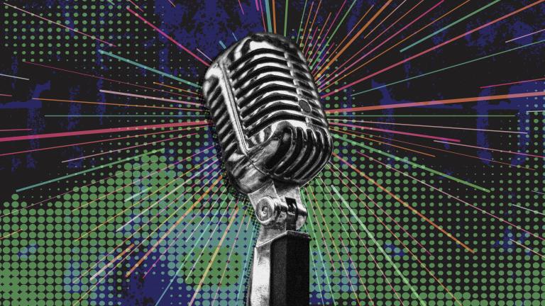 An antique chrome-plated microphone in the centre of the image is encircled by multicoloured rays over a mottled blue and green background. Partially obscured.