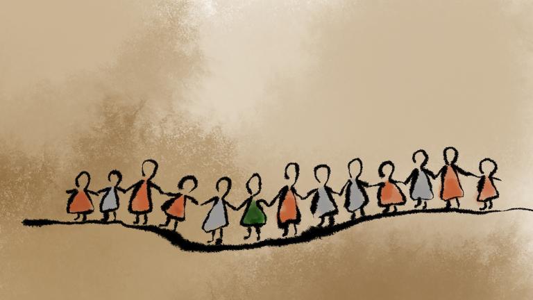 An illustration of several women standing in a line holding hands.