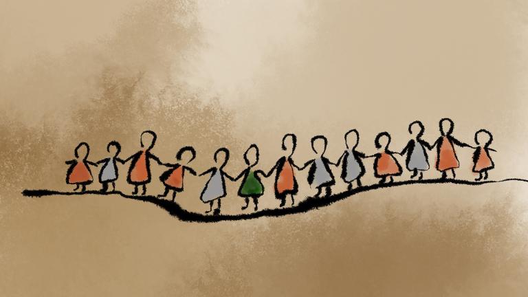 An illustration of several women standing in a line holding hands. Partially obscured.