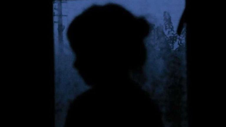 A dark image of a young child’s silhouette against a window through which are seen blurred trees and a power pole. The light is a purplish tone of twilight. Partially obscured.