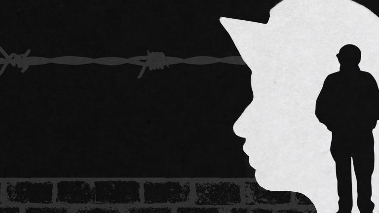 The silhouette of a soldier is shown inside the outline of a child’s profile, with barbed wire and a wall in the background. Partially obscured.