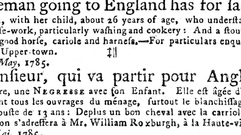 An old newspaper advertisement advertising the sale of an enslaved woman and her child, a 13-year-old enslaved boy and a horse and carriage.