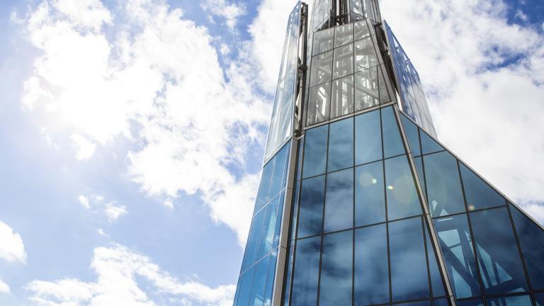 Exterior shot of the glass tower on top of the Museum
