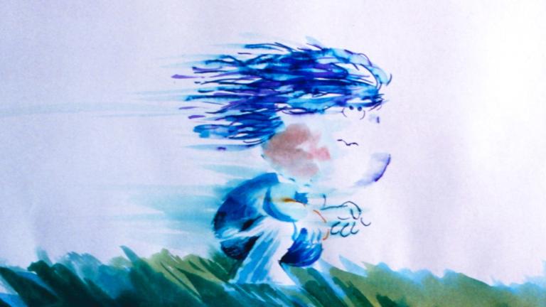 Still from the NFB film <em>Wind</em>.A still image from an animated film. A small child with windswept blue hair is crouched in grass.