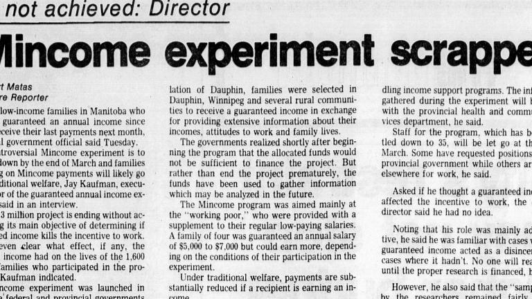 A newspaper clipping from 1979, with the headlines “Mincome experiment scrapped” and “Aim not achieved: Director.”