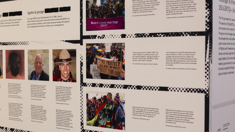 A close-up of a display cube which bears, on one side, the headline “After the Purge” under which four photos of men are arranged with lines of small text beneath. Another section has three larger photos arranged vertically. The images indicate they are a Black Lives Matter Toronto march, a protest in support of trans kids, and an Indigenous Two-Spirit demonstration. The second side of the cube has a headline “Change is Possible: 2SLGBTQ+ Activism.”