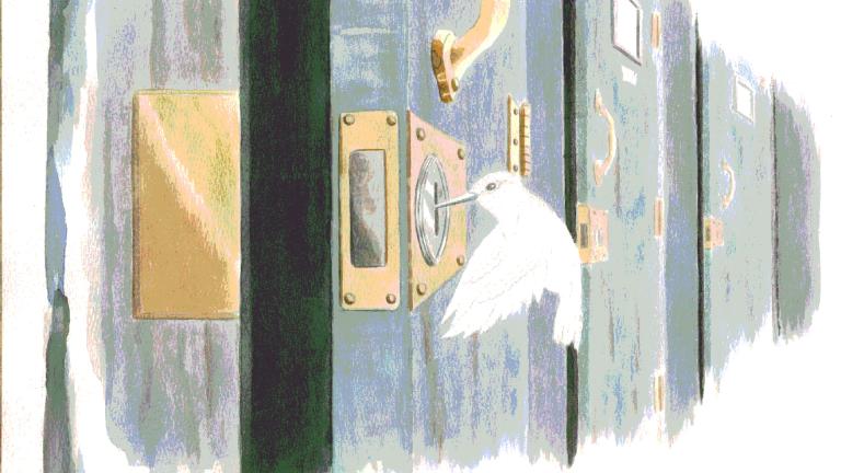 An simple illustration of a white hummingbird picking the lock of a door and opening it. The door is in a row of doors. Partially obscured.