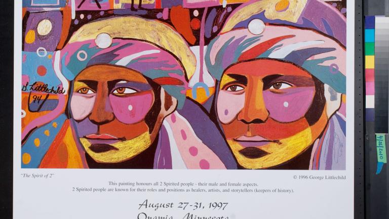 A poster featuring large artwork depicting two faces in dramatic colours and patterns, with background imagery including hands, standing figures and geometric shapes. A large title at the top reads “The 10th Annual International Two Spirit Gathering” and text at the bottom reads “August 27-31, 1997. Onamia, Minnesota.” Partially obscured.