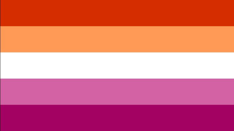 A flag of horizontal stripes, from top to bottom: orange-red, coral, white, lilac and magenta.