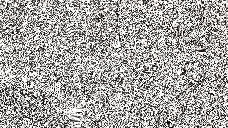 A highly detailed black-and-white drawing incorporates tiny lines, shapes and letters. Some of the letters spell words such as “Depression,” “Bipolar” and “Insomnia”. Partially obscured.