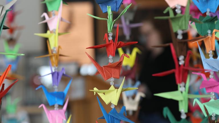 Colourful paper origami cranes hang in vertical rows. Partially obscured.