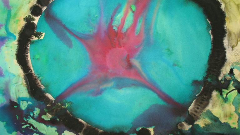 Artwork featuring a large turquoise oval shape outlined in black with a red, branching form spreading across the centre. The background blends yellow and green tones with scattered organic shapes and splashes of black around the edge. Partially obscured.