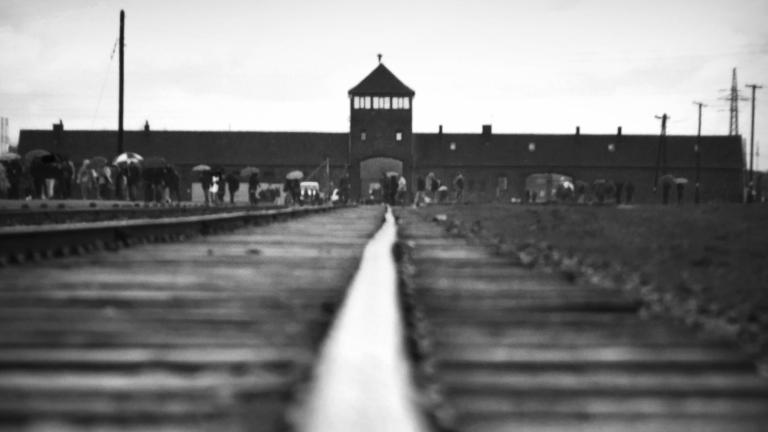 Train tracks lead to a distant building recognizable as the Auschwitz-Birkenau gate house. Partially obscured.