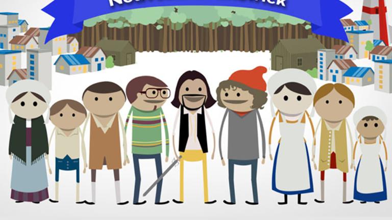Cartoon drawings of 11 human figures in historical and contemporary clothing. Behind them are clusters of buildings and a forest, over which a banner reads: “Les Acadiens du Nouveau-Brunswick”.
