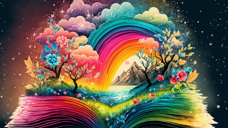 Colourful illustration of a book with rainbow-coloured pages that is open in the middle. There is a nature scene coming out of the book, which includes a rainbow, mountain, lake, trees, flowers and grass. Partially obscured.