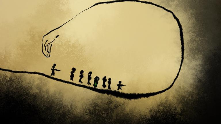 An illustration of people walking in a line followed by someone pointing a gun at them. The ground curves up, around, and behind them and turns into a hand that appears ready to hold everyone.