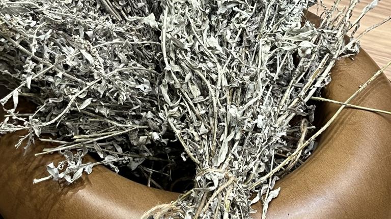 A bundle of sage, tied at the stalk, sits in a small wooden bowl. Partially obscured.
