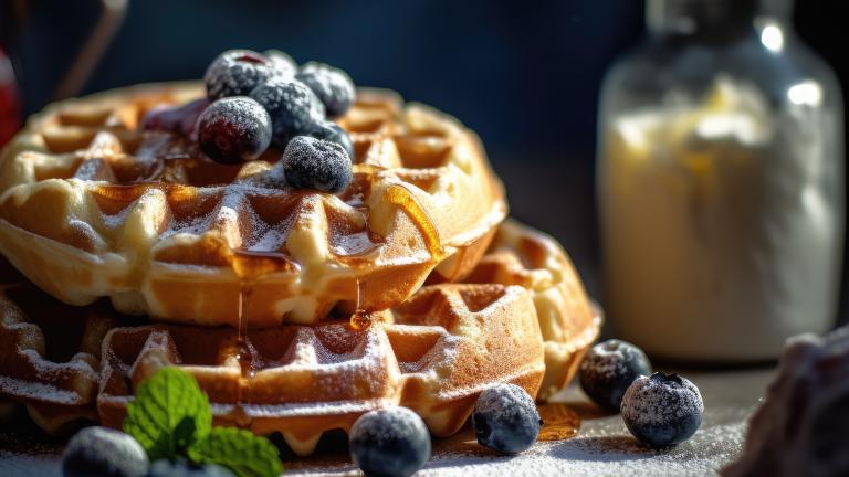 A stack of waffles topped with blueberries, maple syrup and powdered sugar. Partially obscured.