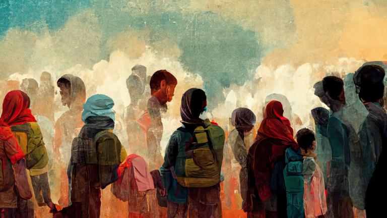 Watercolour painting of a group of adults and children, their faces obscured, standing in a field. All the women’s heads are covered and most people are carrying backpacks and have things in their hands. Partially obscured.