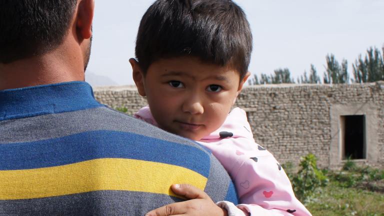 A young child being carried by an adult looks back over the adult’s shoulder. Partially obscured.