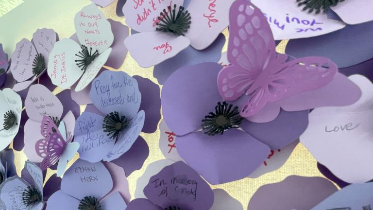 Purple poppies made of paper with names and messages from community members and family of those who have died as a result of a poisoned drug supply. Partially obscured.