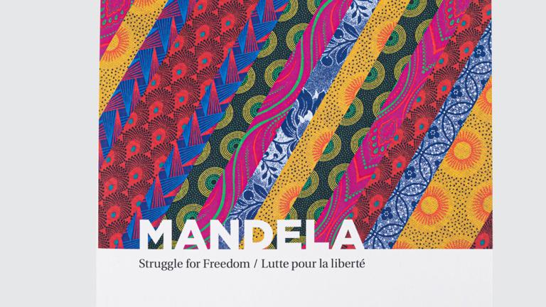 Colourful layers of different patterns with the title of the book "Mandela, Struggle for Freedom".