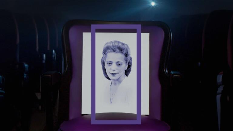 A head-and-shoulder portrait of Viola Desmond framed by a vertical purple rectangle. Viola is wearing a white top.