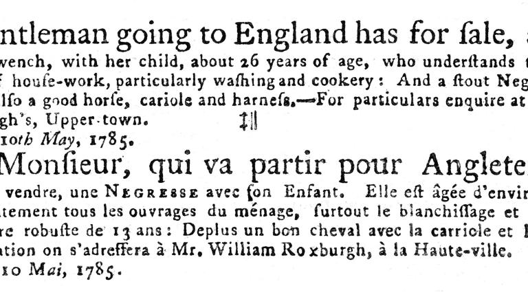An old newspaper advertisement advertising the sale of an enslaved woman and her child, a 13-year-old enslaved boy and a horse and carriage.