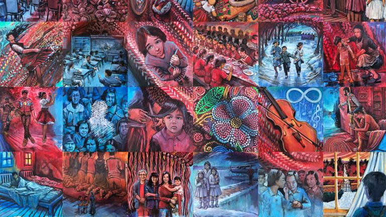 A graphic image of 24 mosaic tiles depicting Métis experiences in colonial schooling systems. Together the images show a red infinity symbol on a blue background.