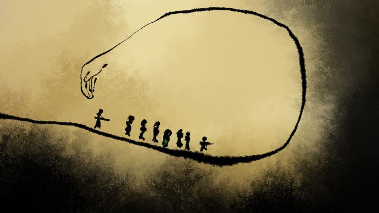 An illustration of people walking in a line followed by someone pointing a gun at them. The ground curves up, around, and behind them and turns into a hand that appears ready to hold everyone.