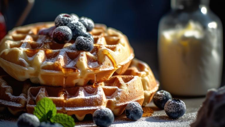 A stack of waffles topped with blueberries, maple syrup and powdered sugar.