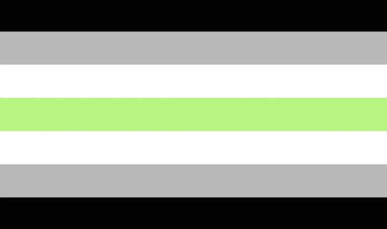 A flag of narrow horizontal stripes with green in the centre and white, grey and black symmetrically above and below.