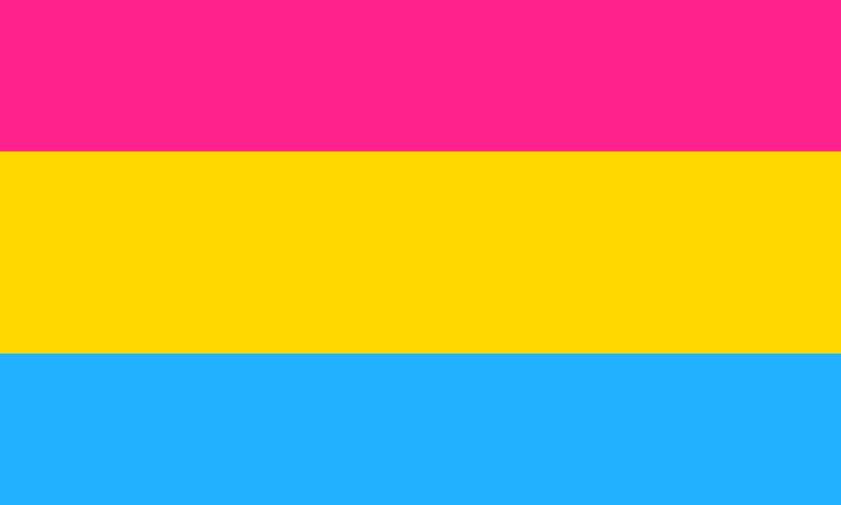 A flag of horizontal stripes, from top to bottom: pink, medium yellow and blue.