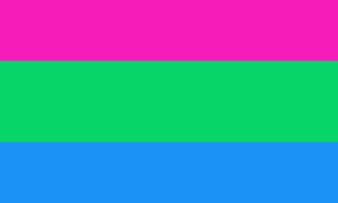 A flag of horizontal stripes, from top to bottom: pink, green and blue.